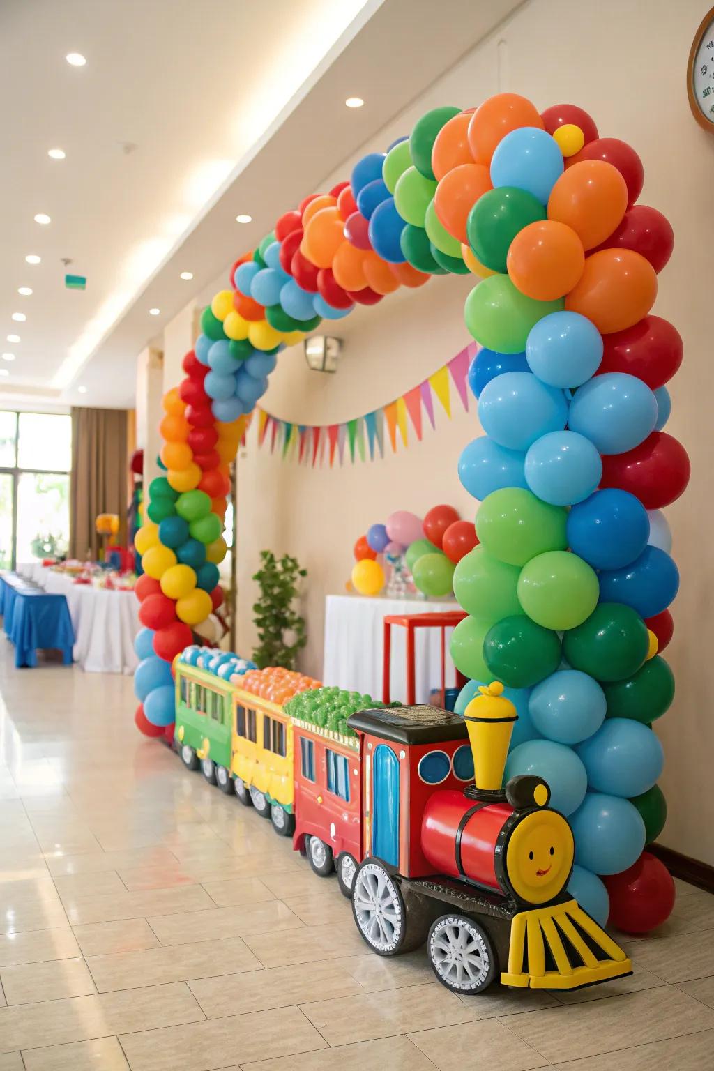 A balloon garland railroad introduces a burst of amusement.