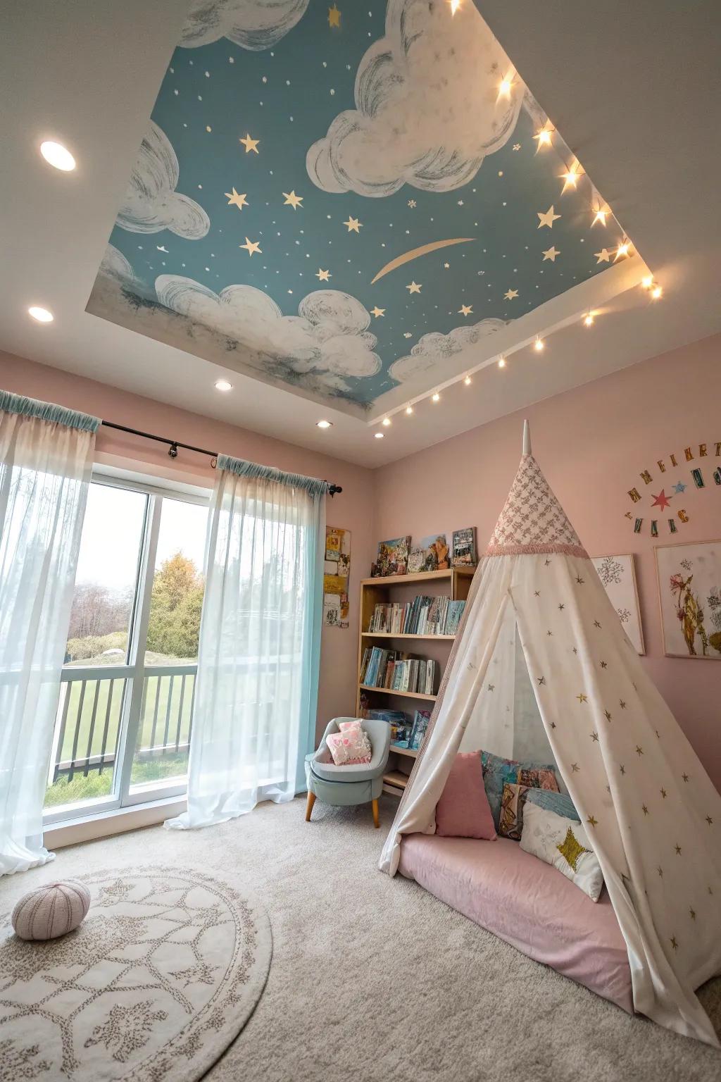 A whimsical room with a tray ceiling featuring a sky-themed mural.