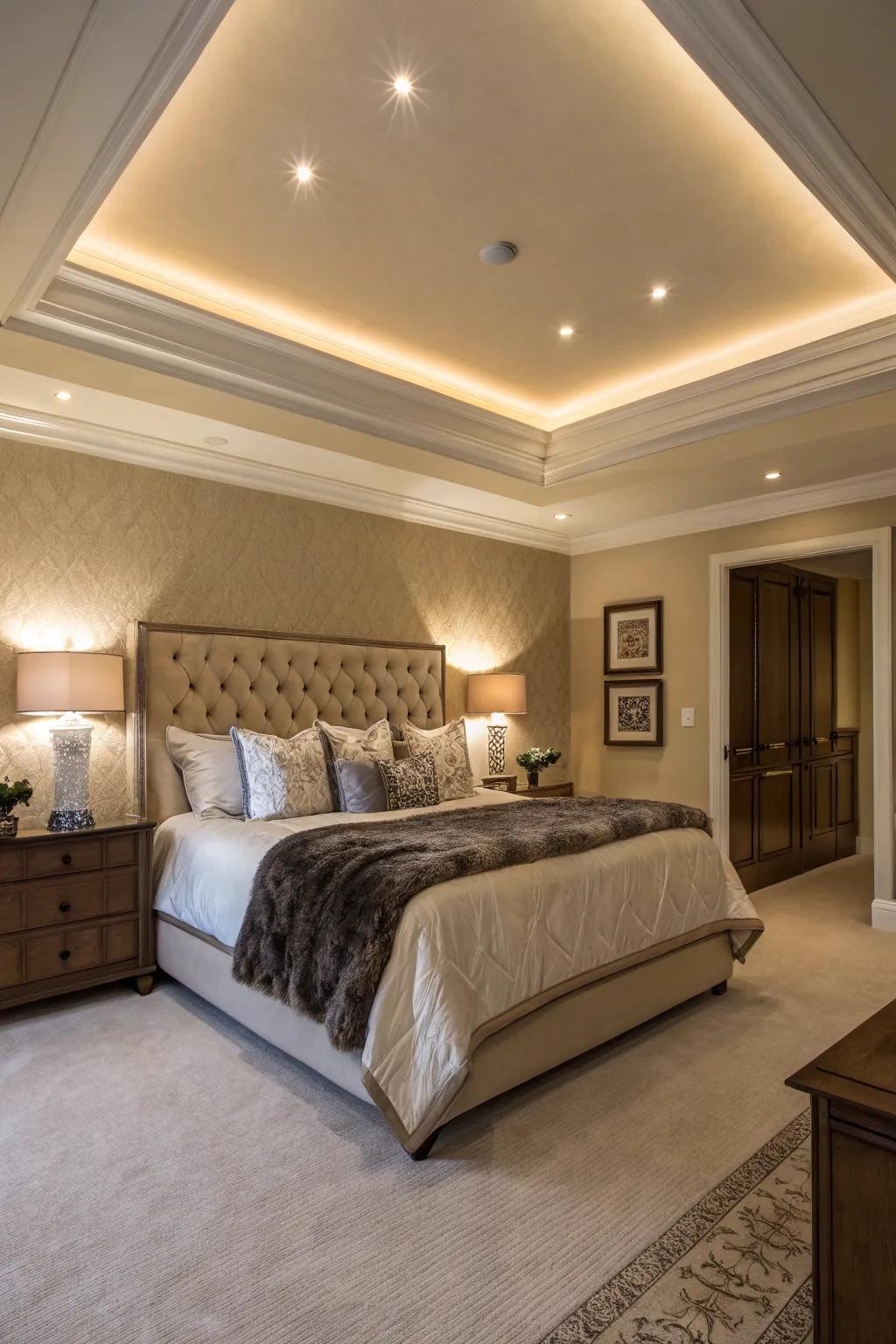 An elegant bedroom basking in the soft radiance of ambient lighting.