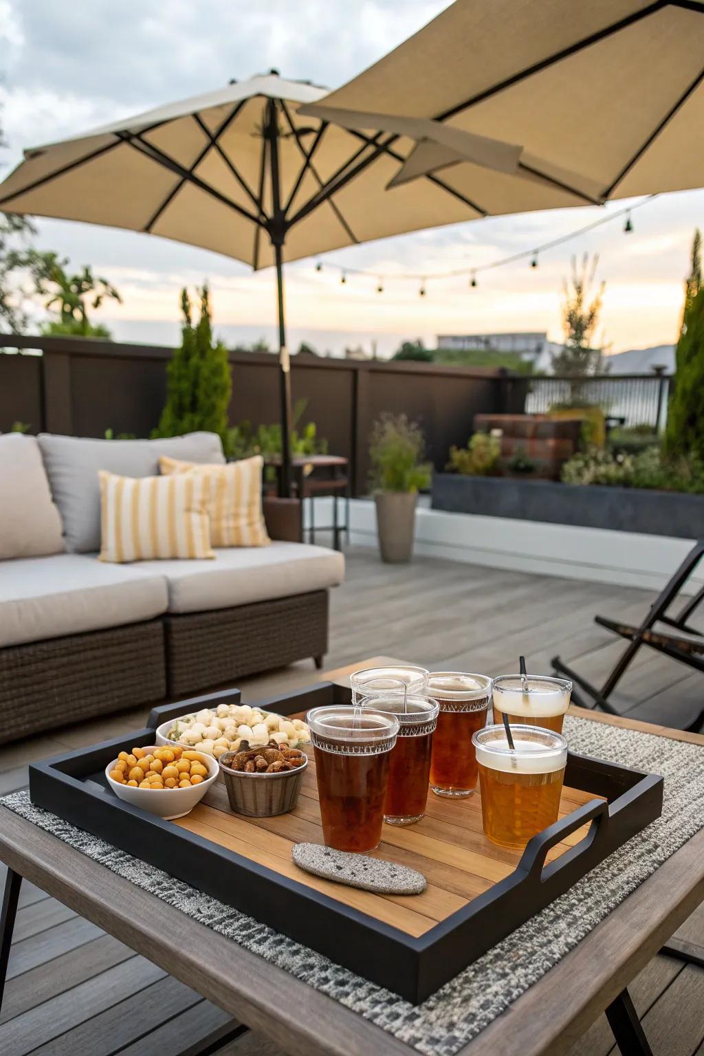 A relaxed outdoor patio featuring a delightful tray setup.