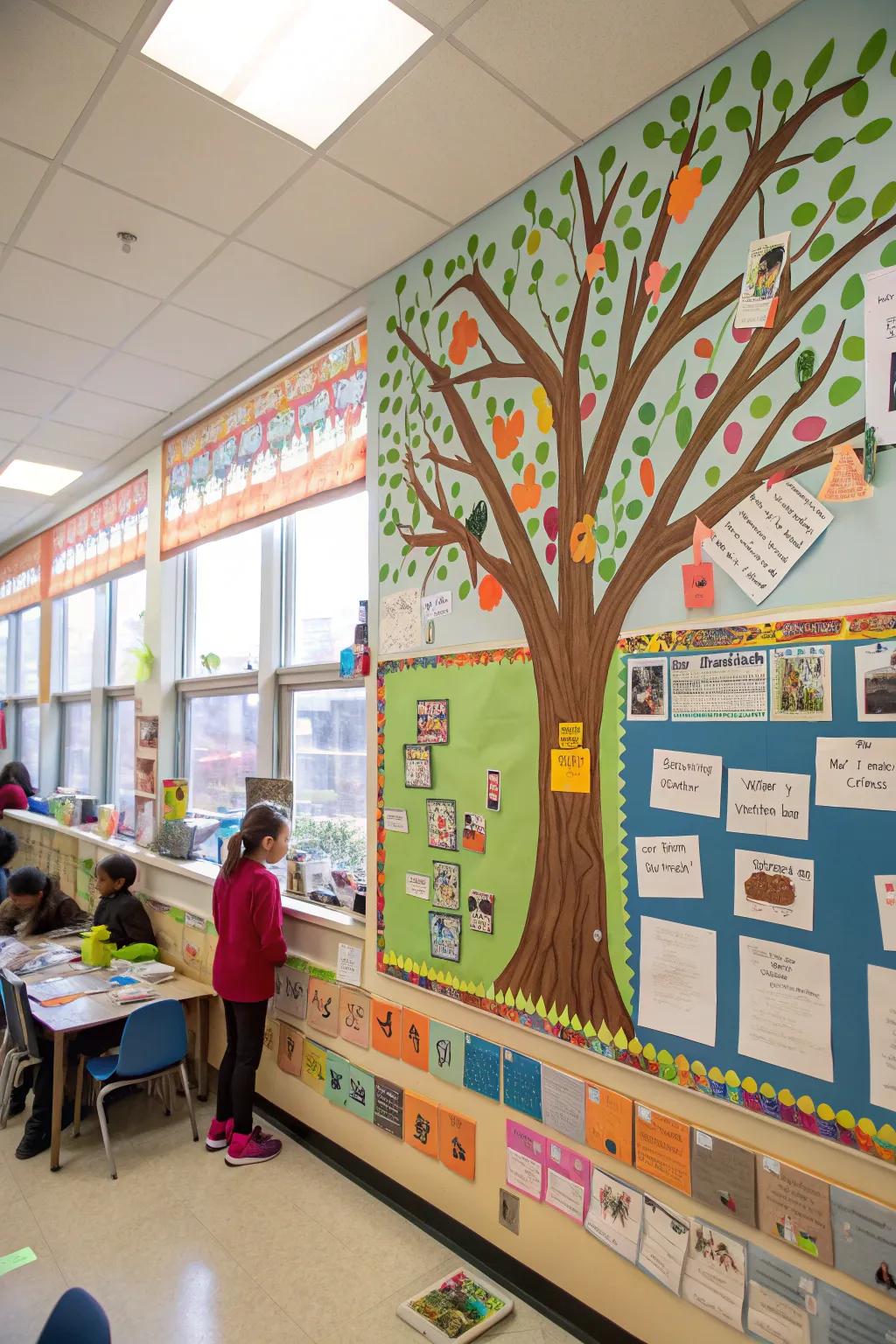 A classroom community tree bulletin board decorated with student creations.