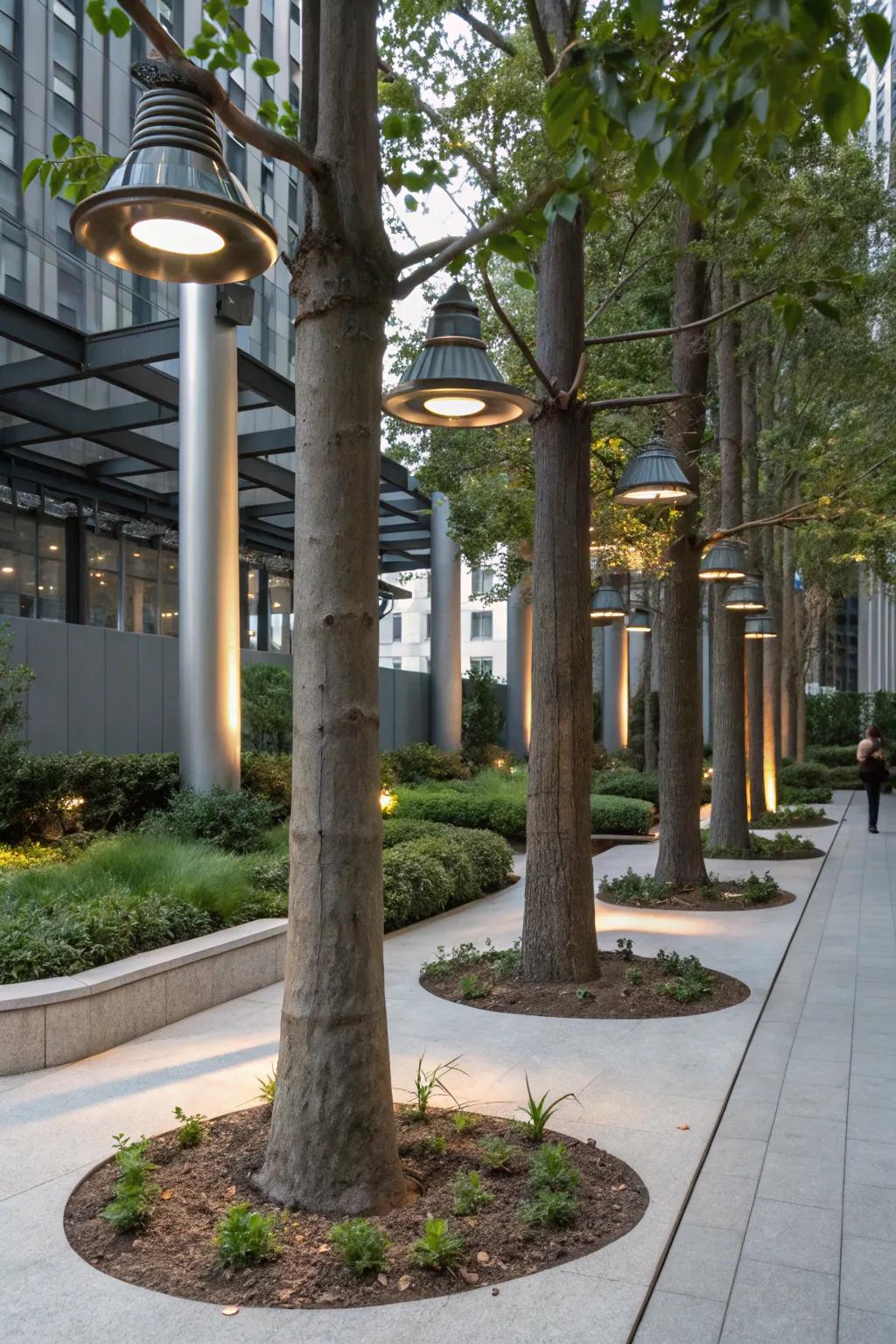 Metallic mountings contribute industrial chic to tree illumination.