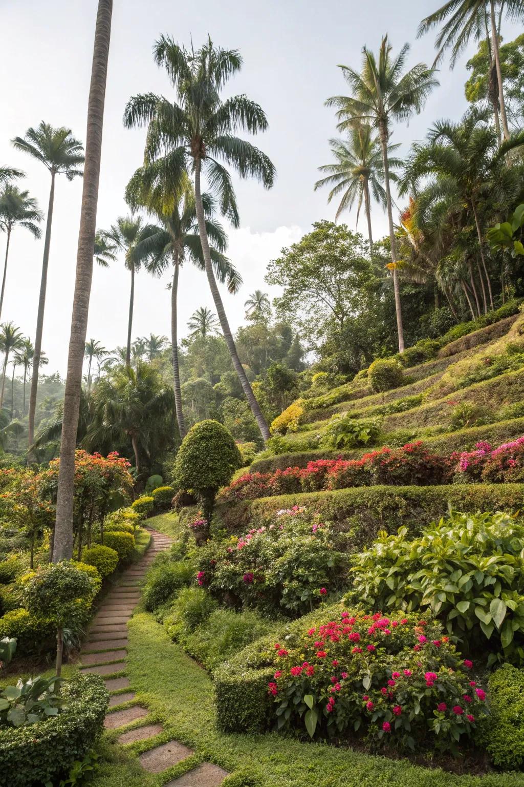 Multi-tiered plantings crafting depth and richness in the outdoor space.