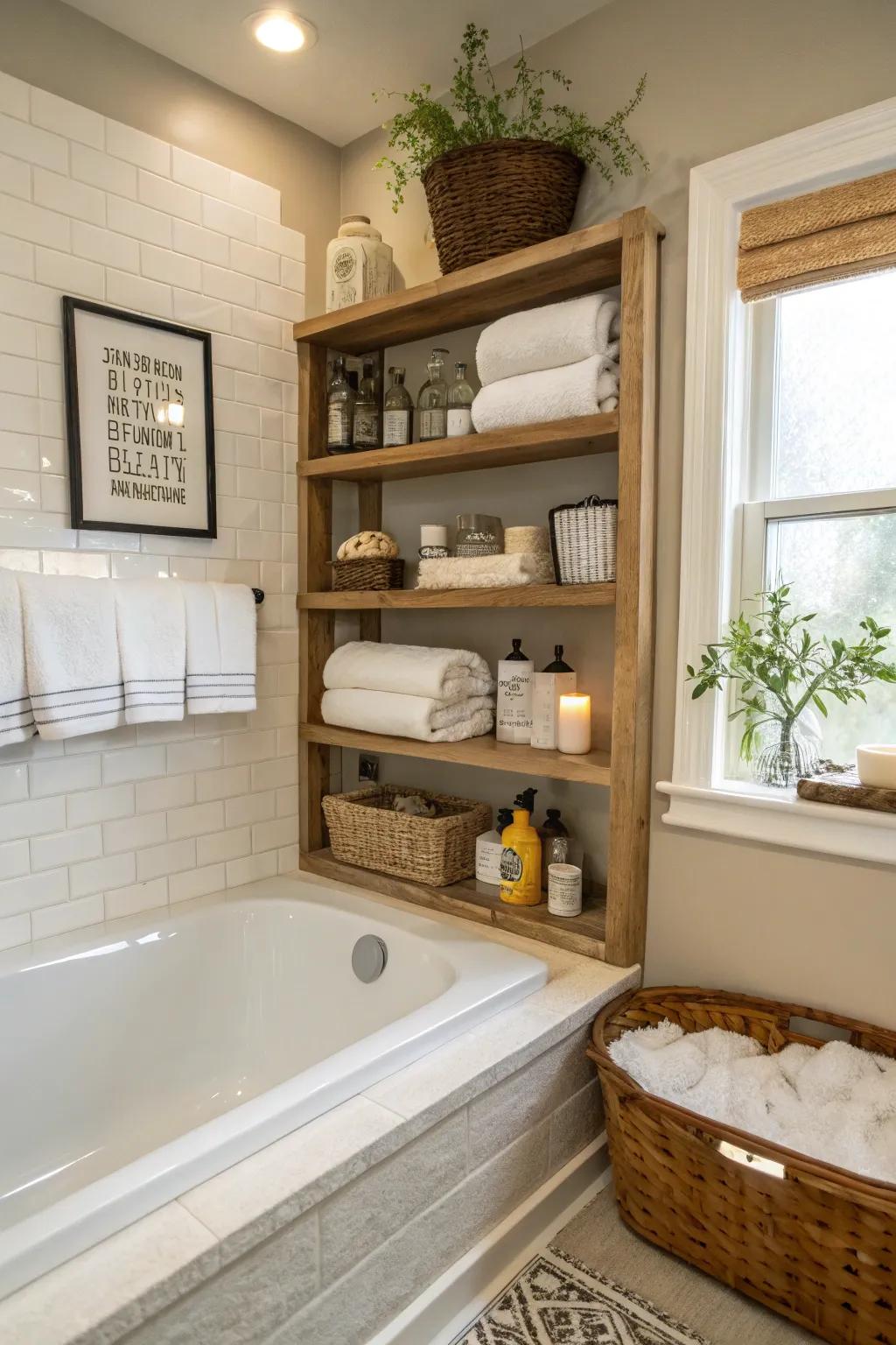 Built-in shelving keeps bathing essentials organized and accessible.