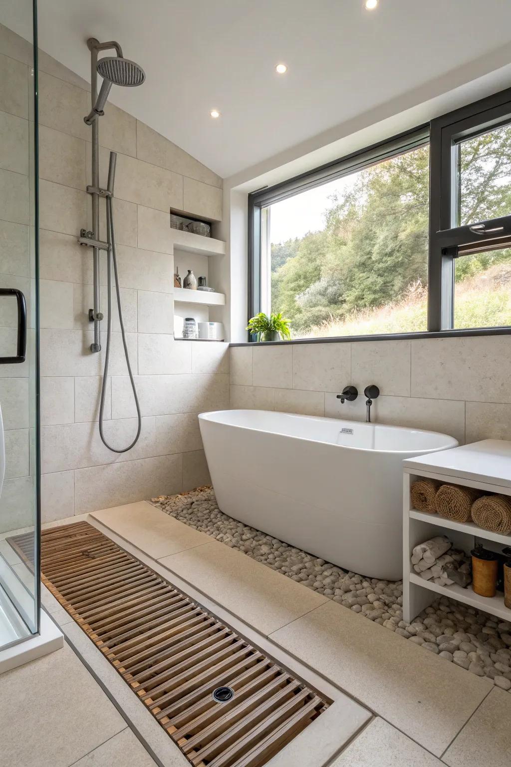 Innovative drainage solutions ensure efficient water management in this bathroom.