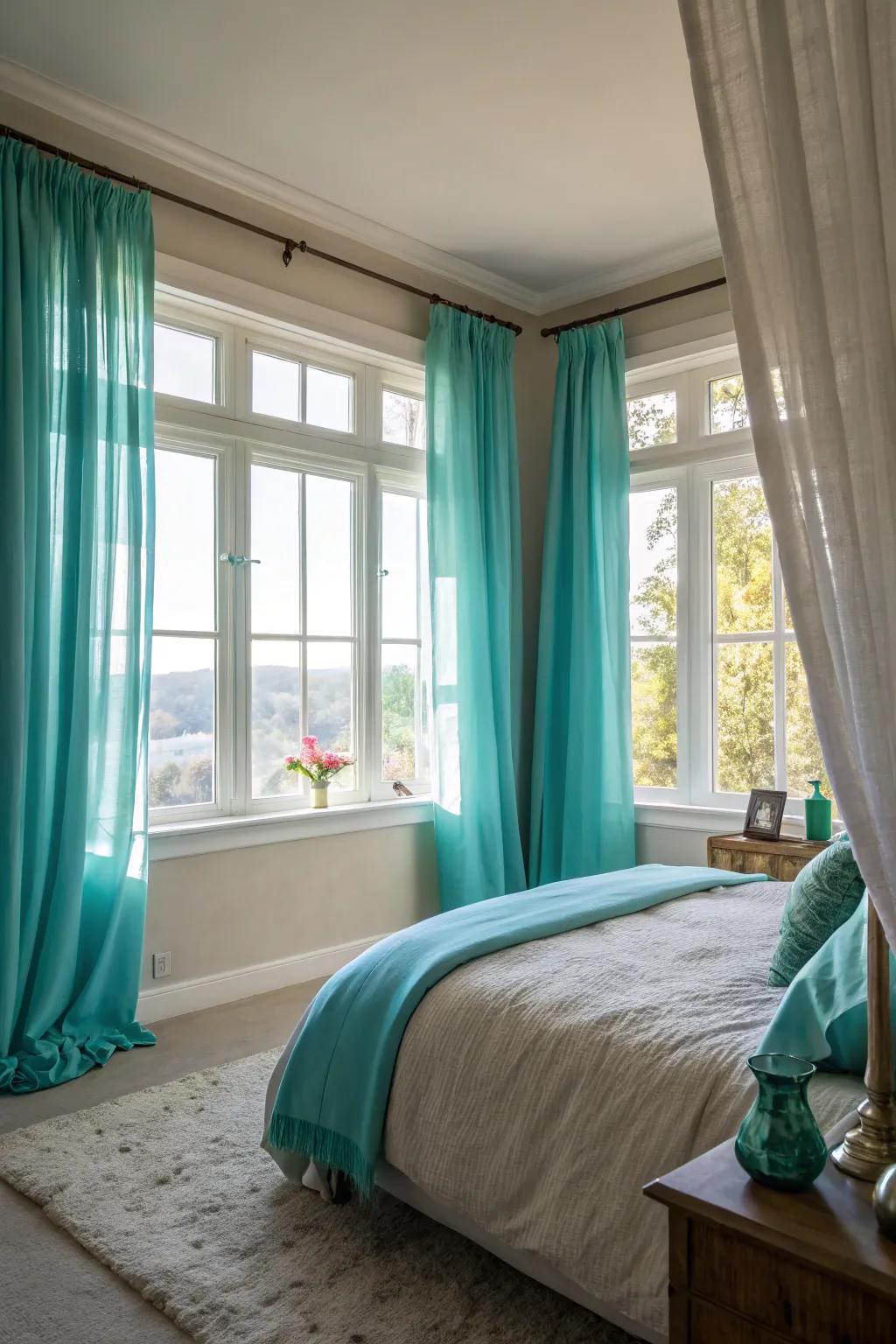 Turquoise window hangings help soften rays and bring about an impressive vibe to this area.