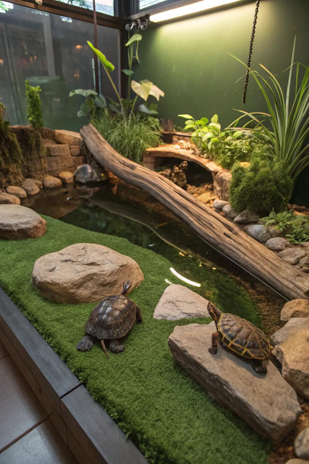 Artificial turf provides a gentle and cozy terrain for your turtle.