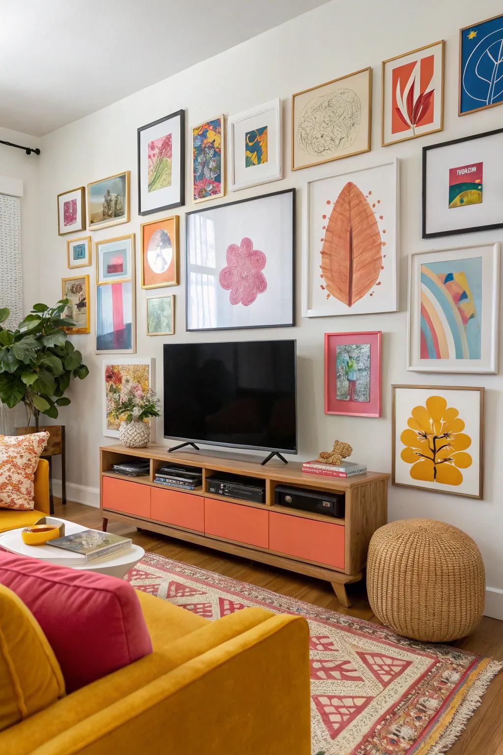 Highlights of shade energize this vibrant television gallery wall.