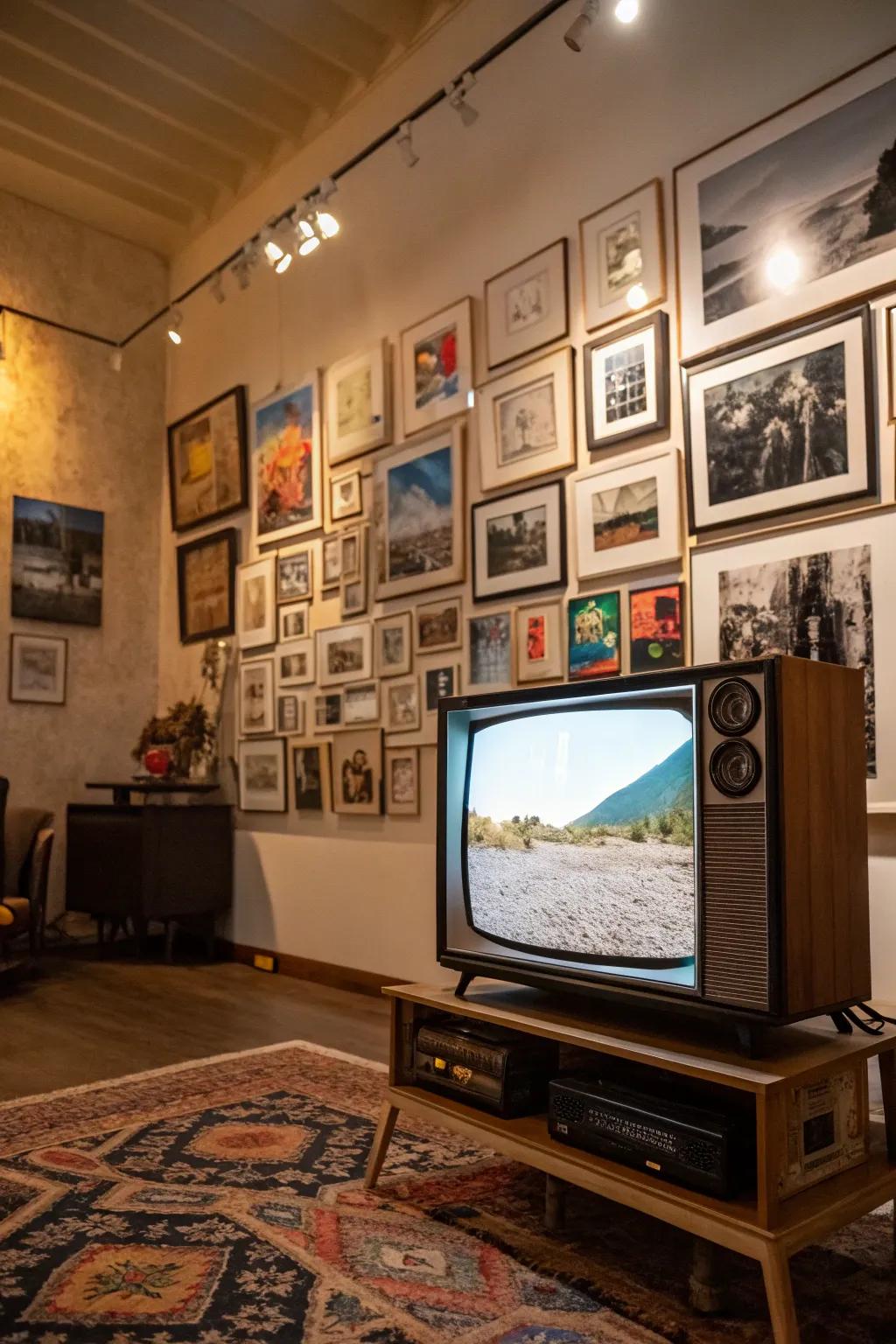 Gallery walls transform TVs into visual focal points.