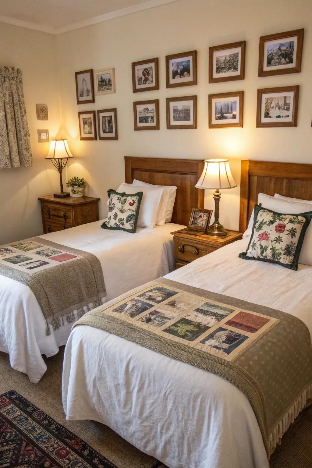 Personal touches enhance the feeling of warmth and character in twin bed arrangements.
