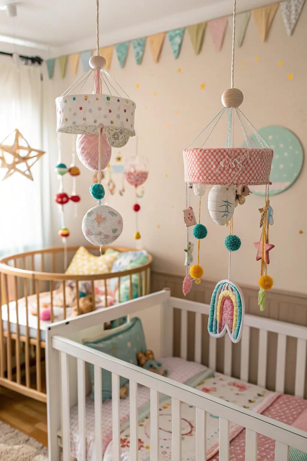 Quirky mobiles inject charm and visual interest above the sleeping spaces.