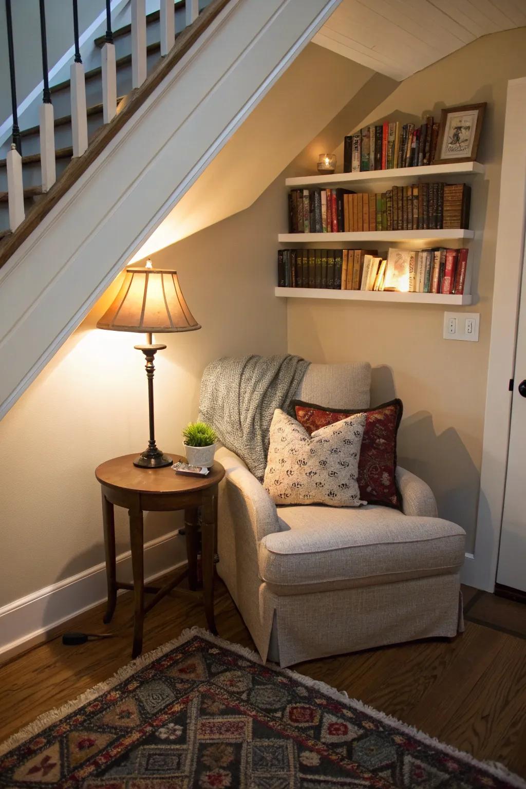 Your own space for reading under the stairs.