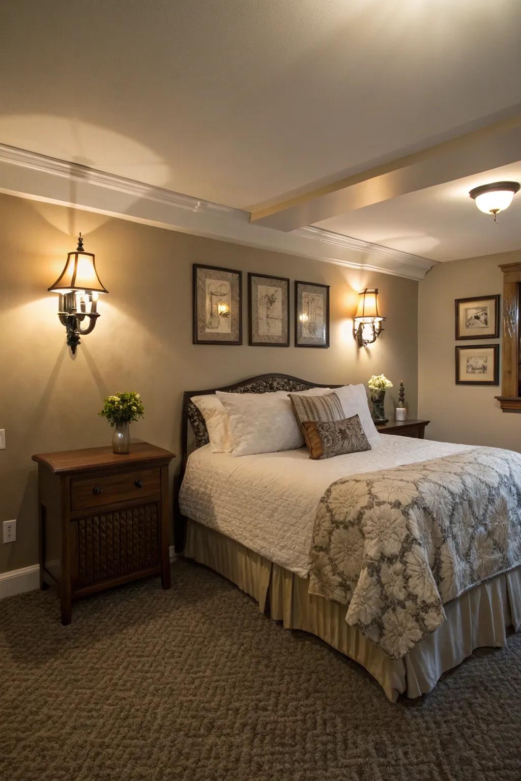 Wall sconces can provide soft, flattering lighting in your basement bedroom.