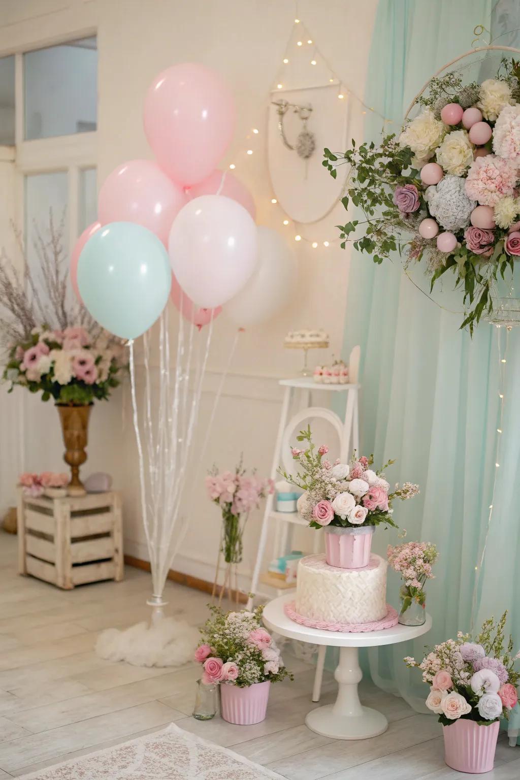 Create a serene pastel paradise with gentle colors and elegant decor.