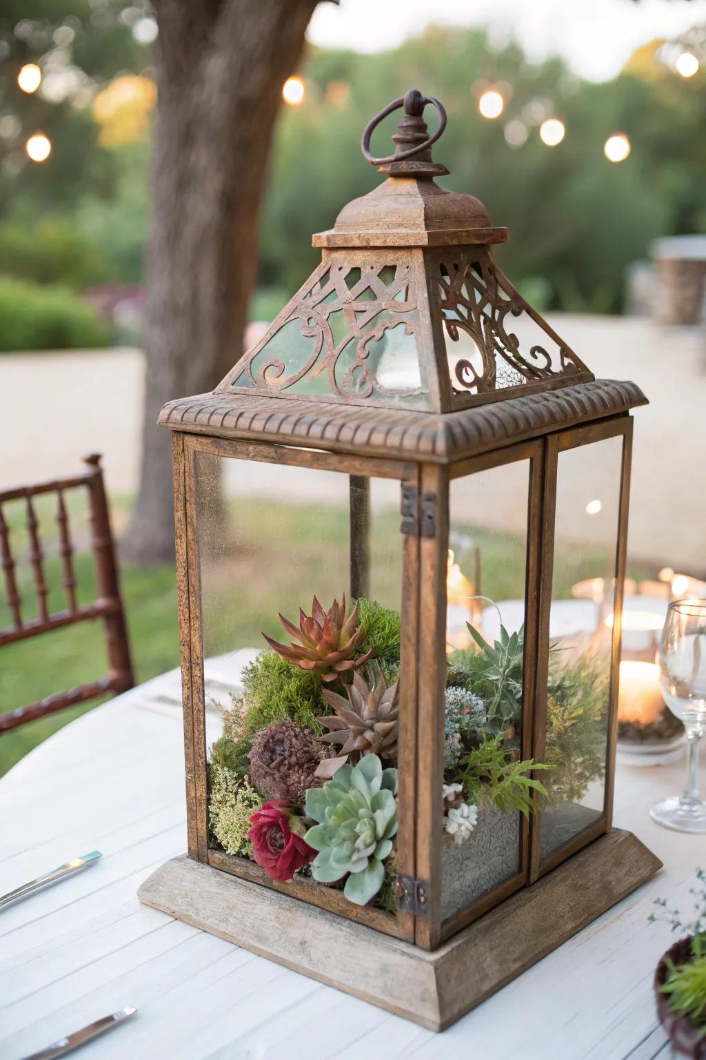 A classic lantern metamorphoses into an enchanting succulent garden.