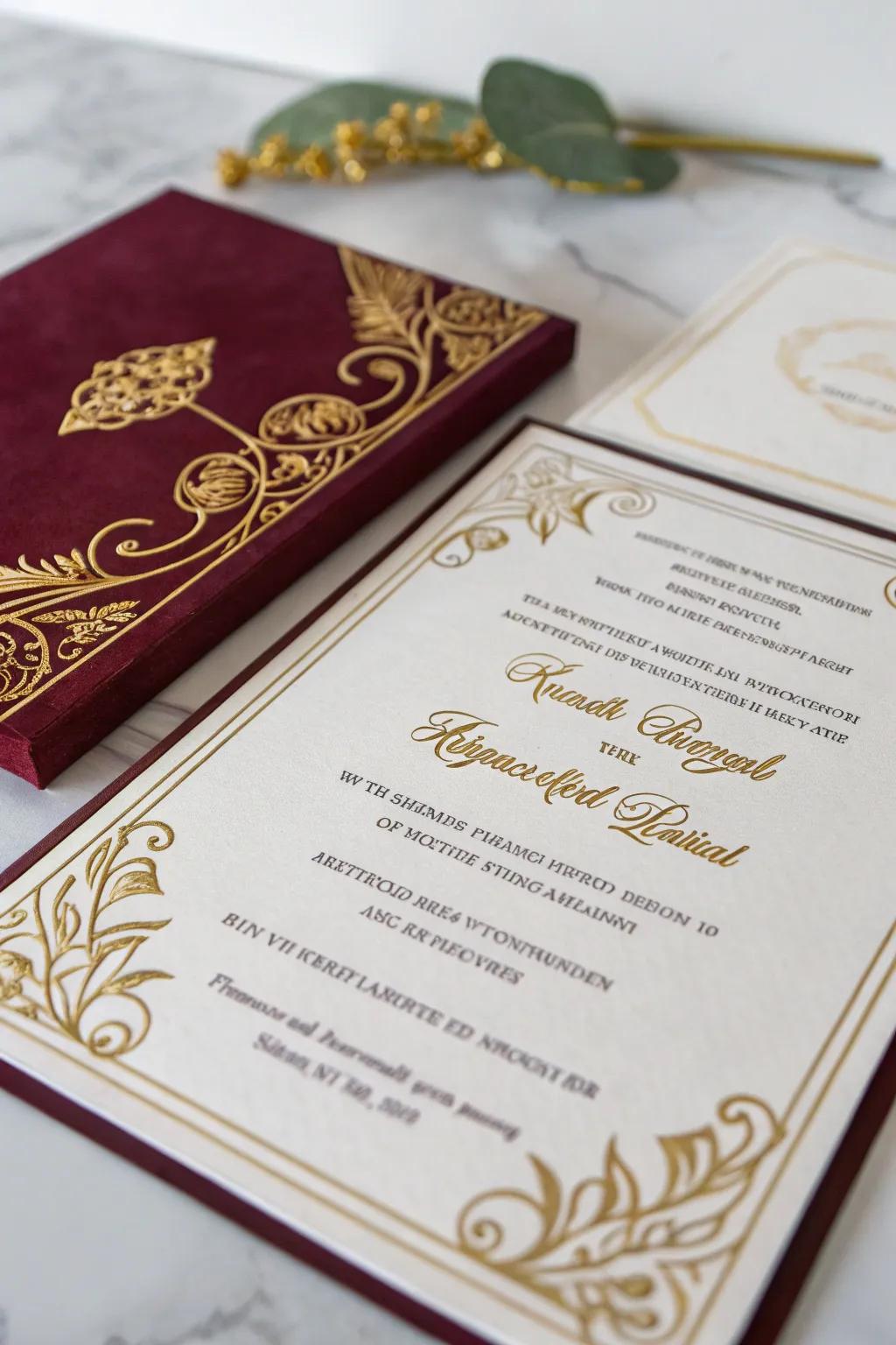Opulent elements impart a hint of grandeur to invitations.