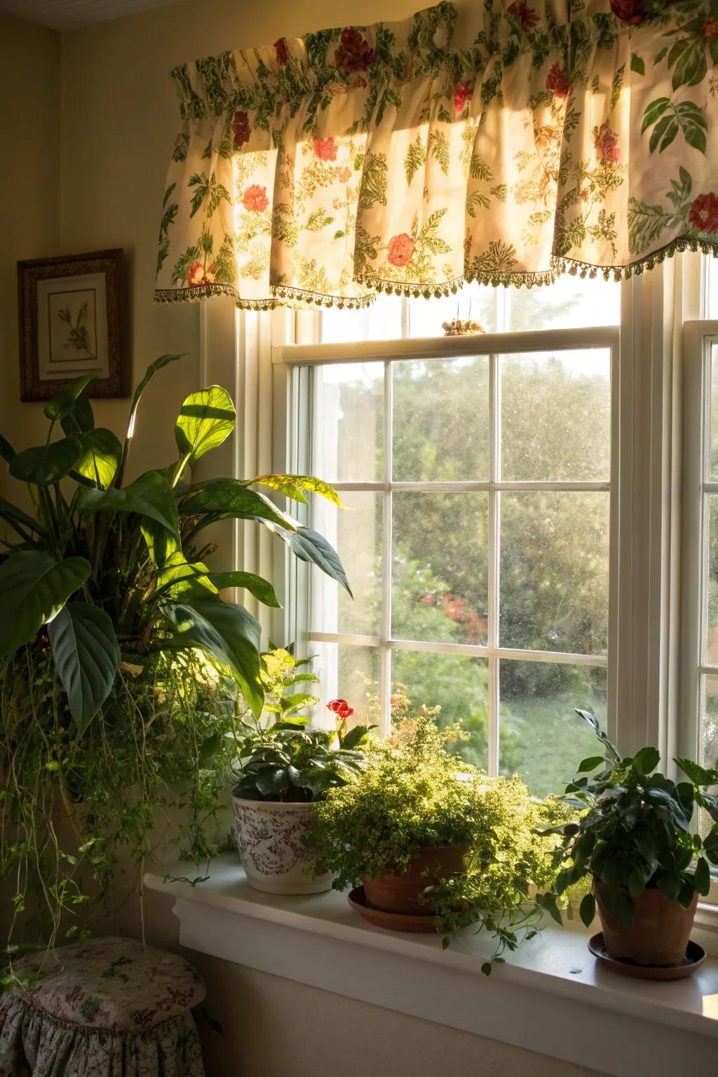 A window using a blossom valance in a sunny, plant-filled room.