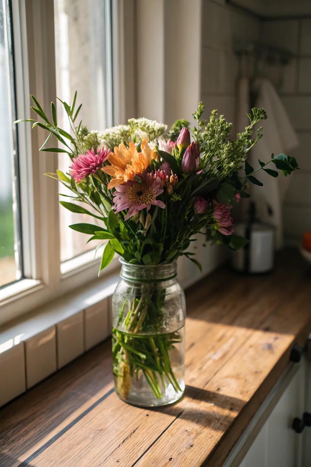Flowers shown in a green glass jar.