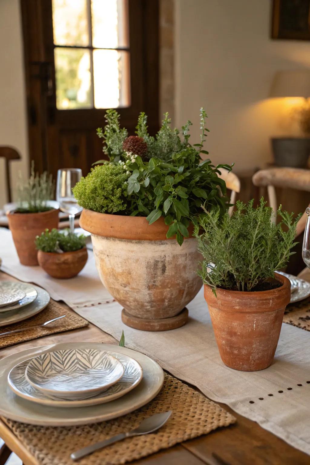 Artisan clay jars convey earthy allure to the table.