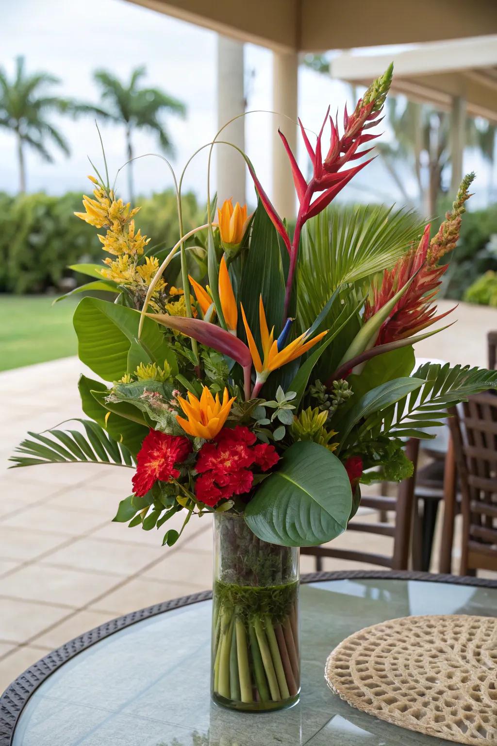 Tropical flower bouquet bringing exotic flair to a patio.