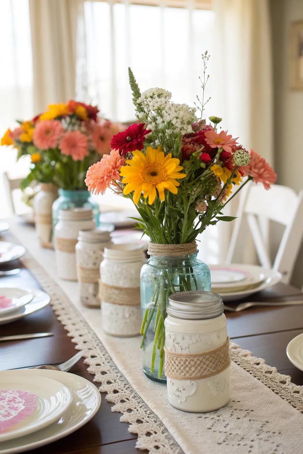 Add charm with DIY centerpieces using simple materials.