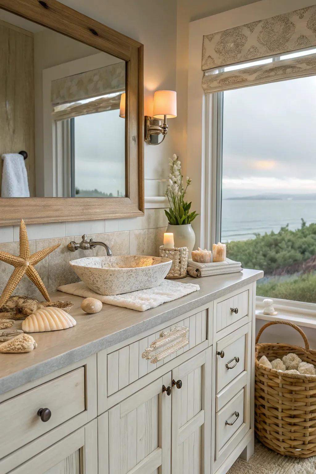 A coastal-themed vanity with calming details.