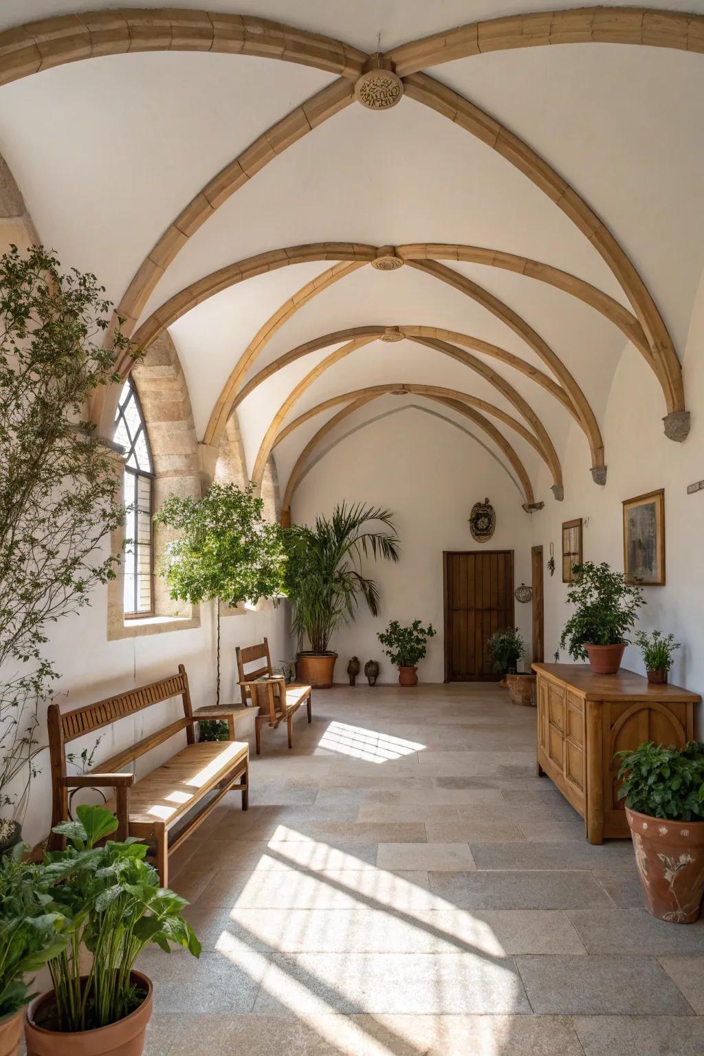 Natural sensibility with arched beams on a vaulted ceiling.