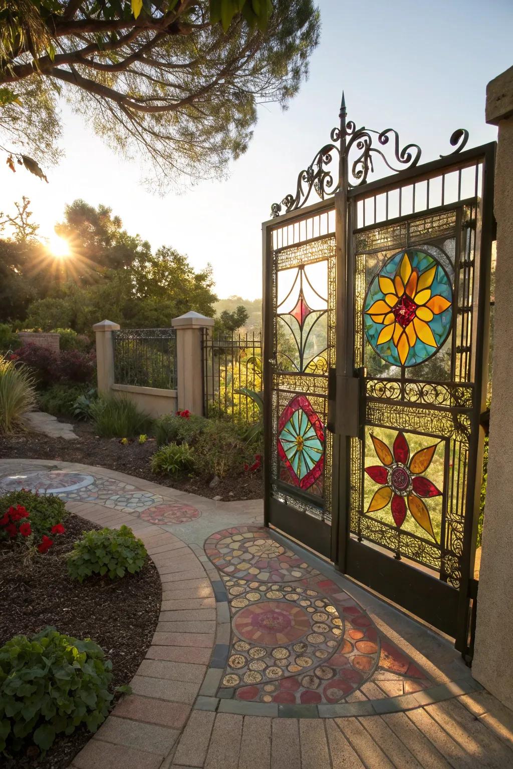Tinted glass panels adding a burst of hue to the entrance.