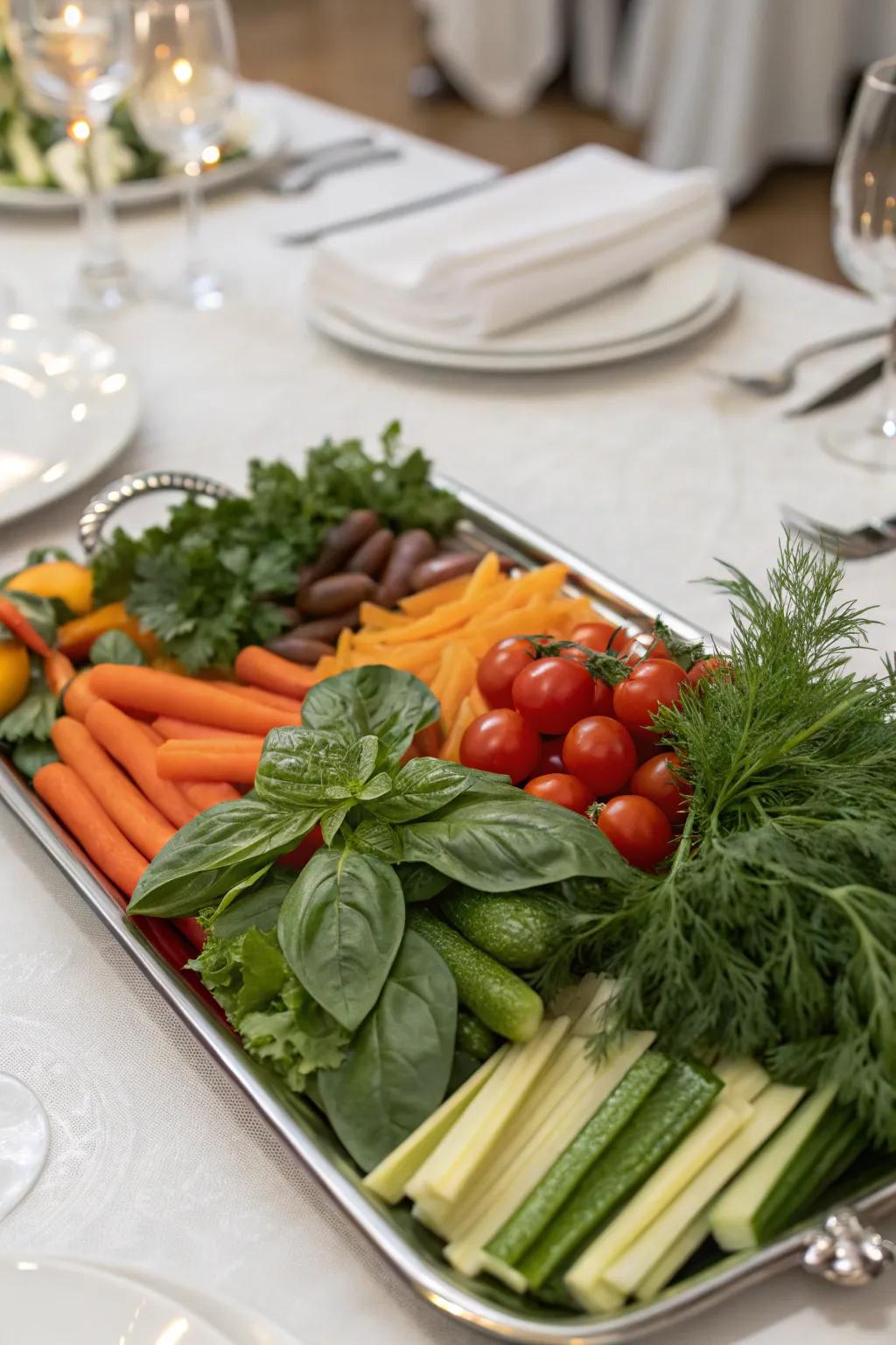 Vegetable arrangement enhanced with fresh herbs for an aromatic touch.