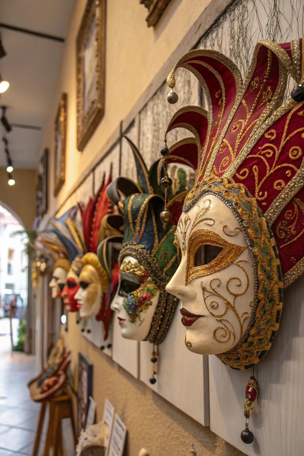 Venetian masks that add drama and intrigue to the decor.