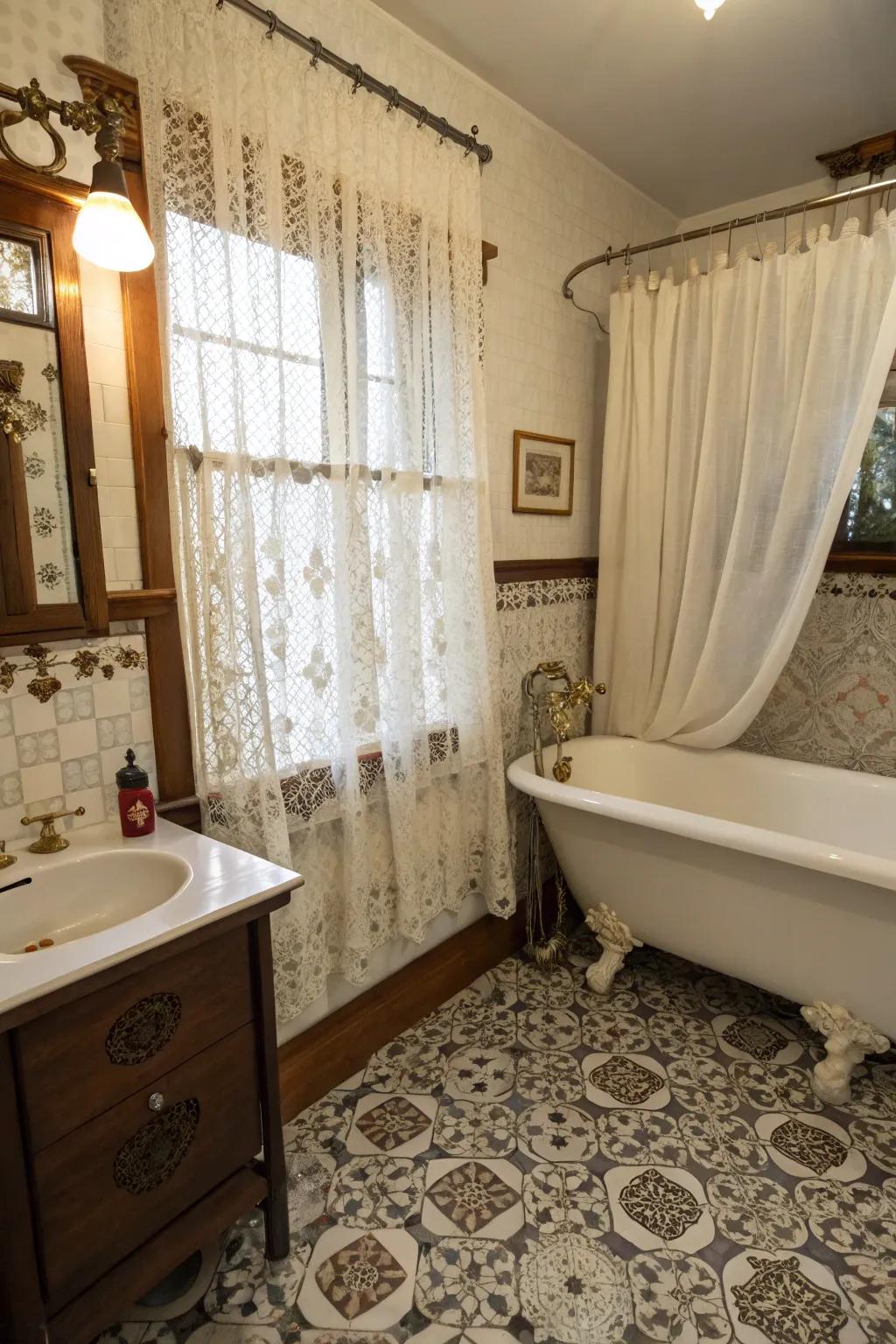Mesh drapes filter light, adding a romantic atmosphere.