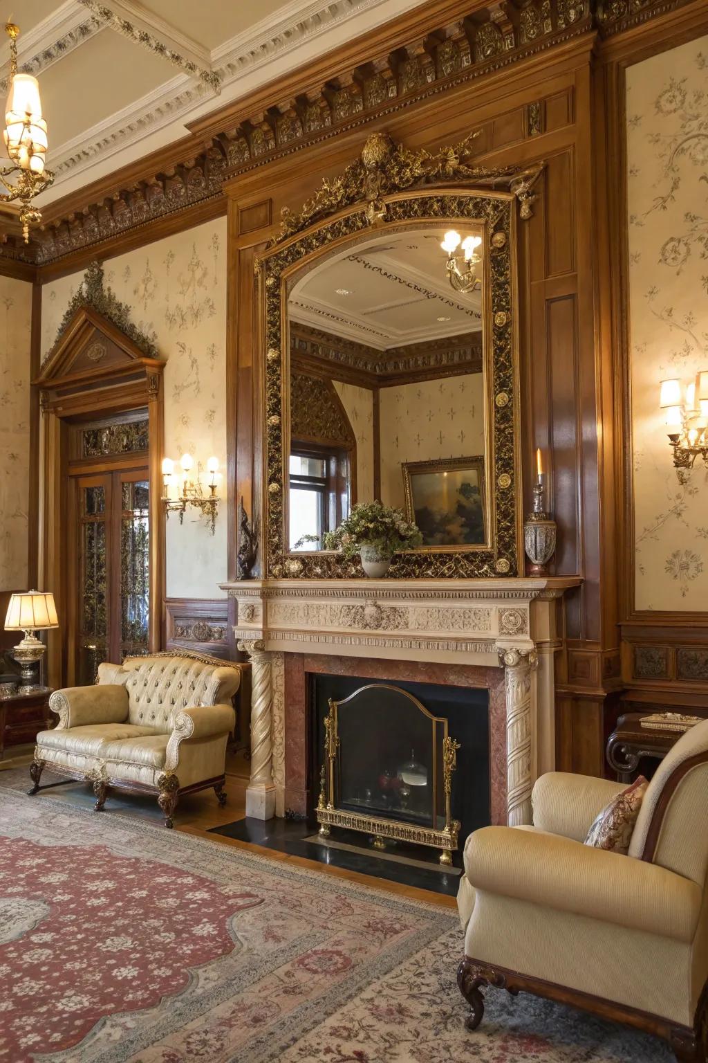 A gilded mirror over the fireplace contributes grace and light to the space.