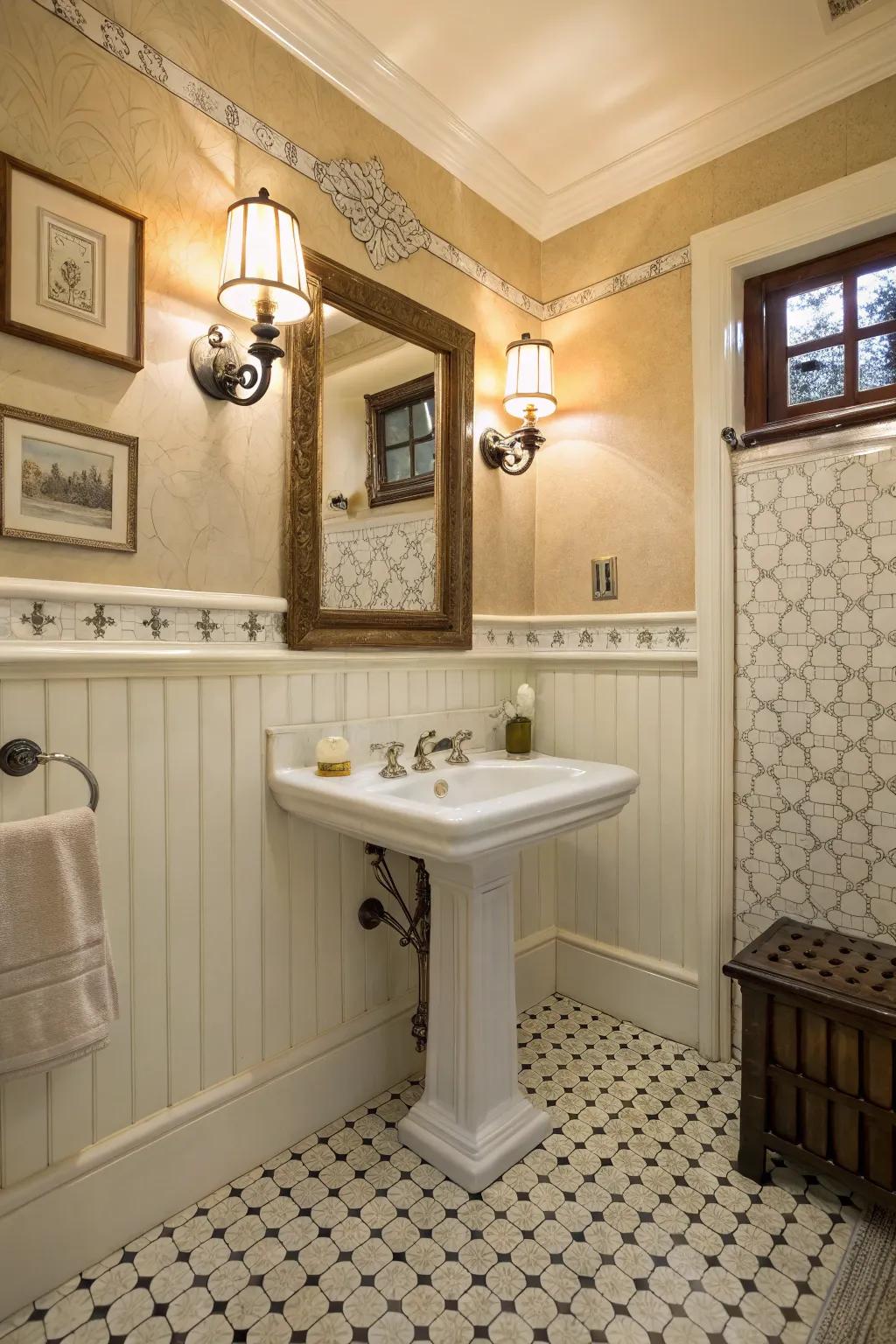Wainscoting adds ageless architectural intrigue to retro bathrooms.