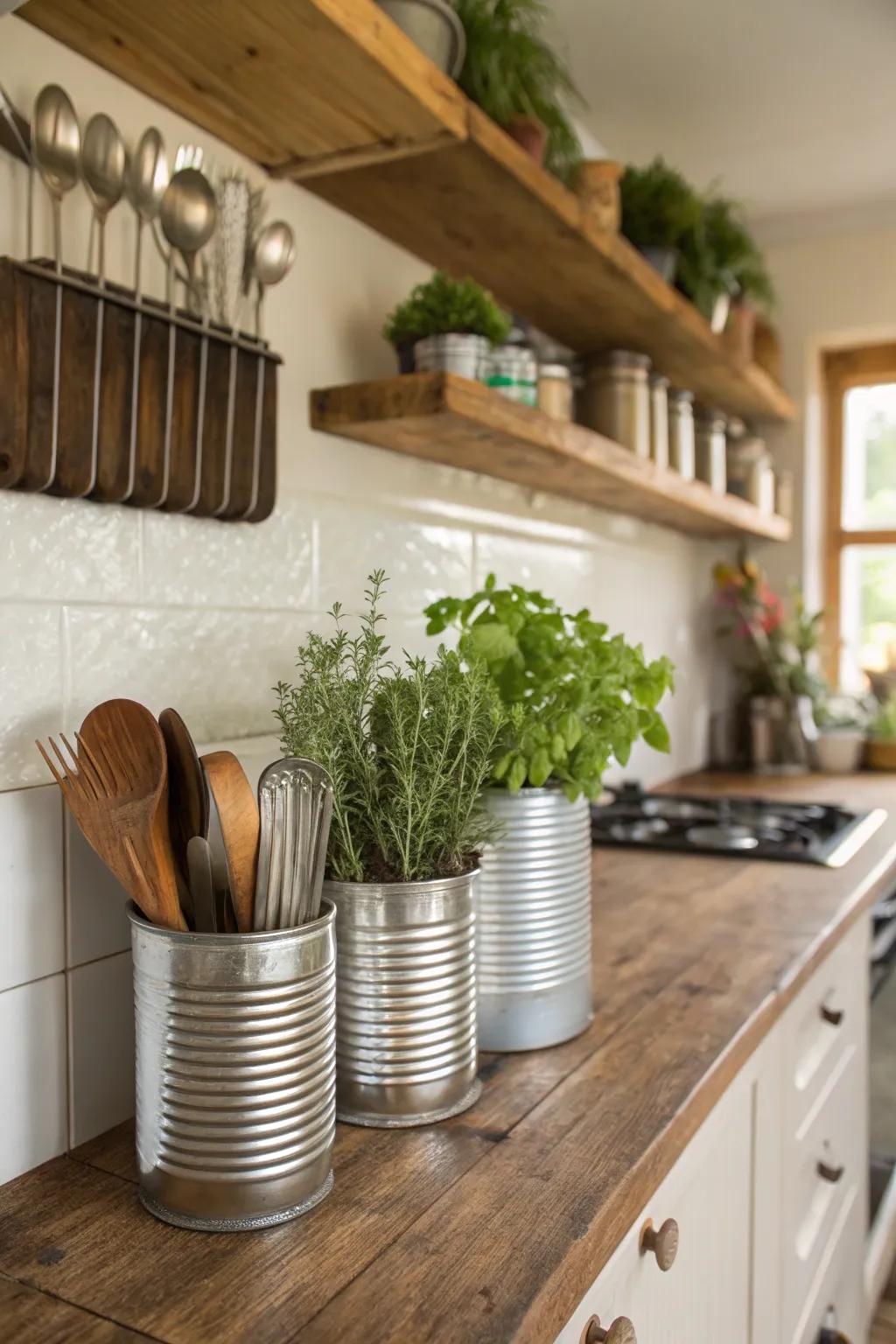 Classic canisters revamped as quaint repository receptacles within the cookhouse.