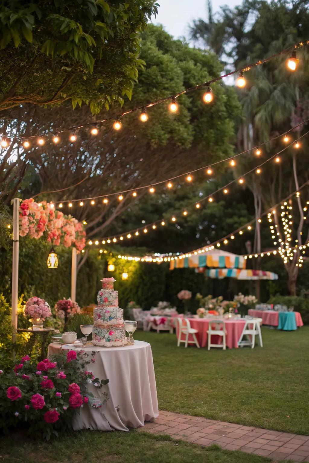 Magical twinkle lights illuminating a retro garden party.