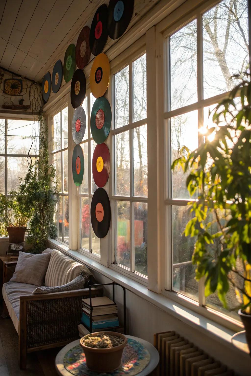 Design a vibrant window display with hanging vinyl records.