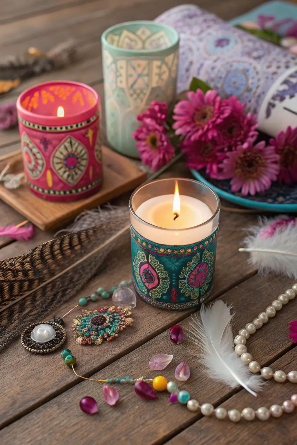 Diverse cases contribute a bohemian vibe to votive candles.
