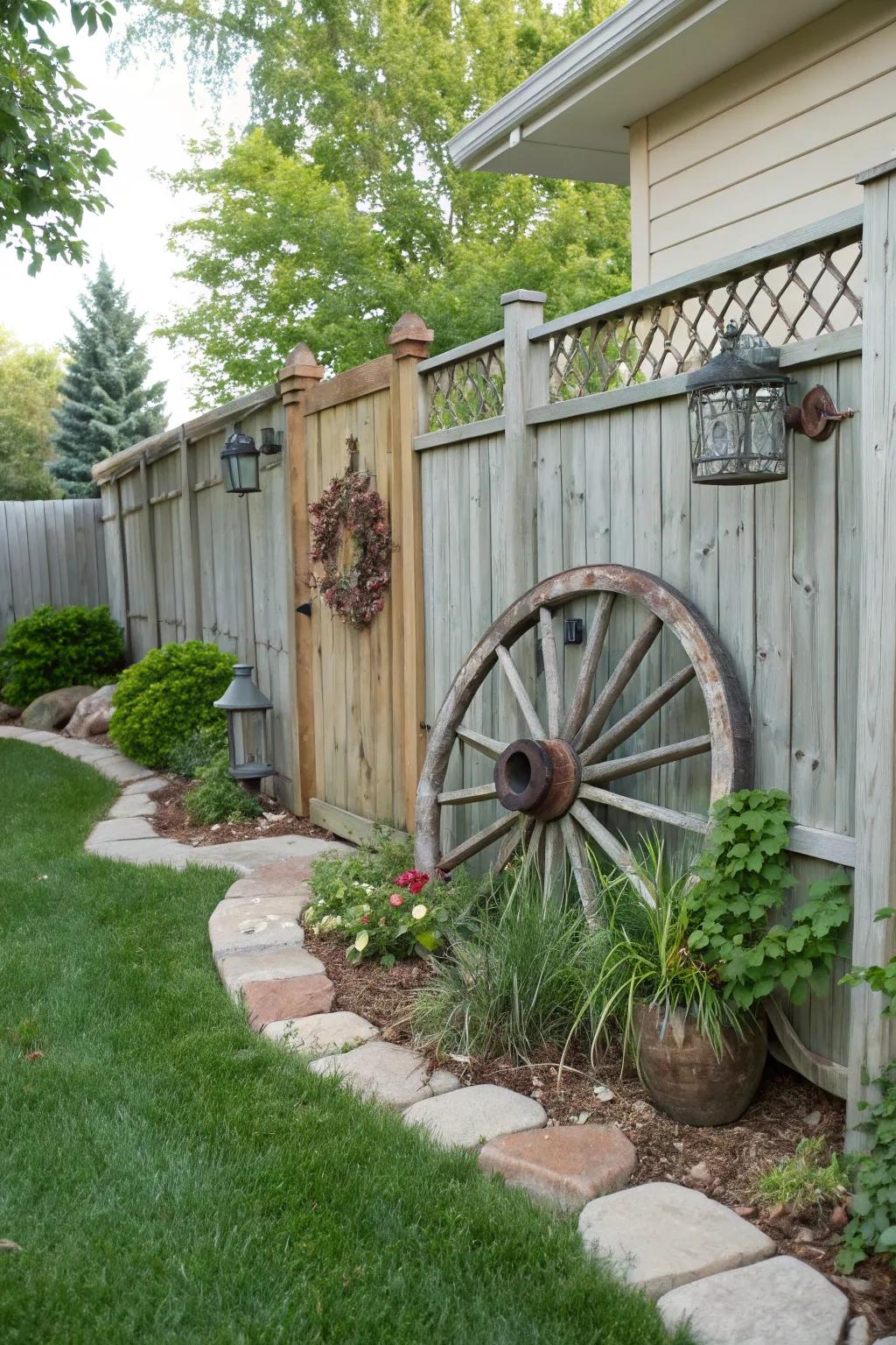 A wagon wheel artistically incorporated into a backyard fence, adding visual interest.