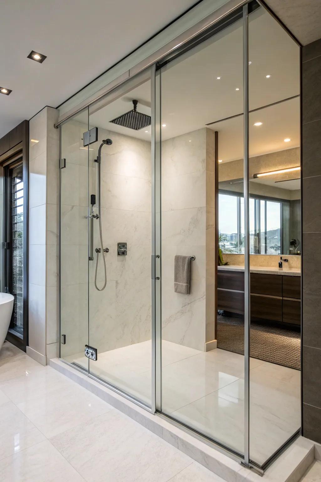 Gliding glass doors offer a smooth entry in this walk-in shower.
