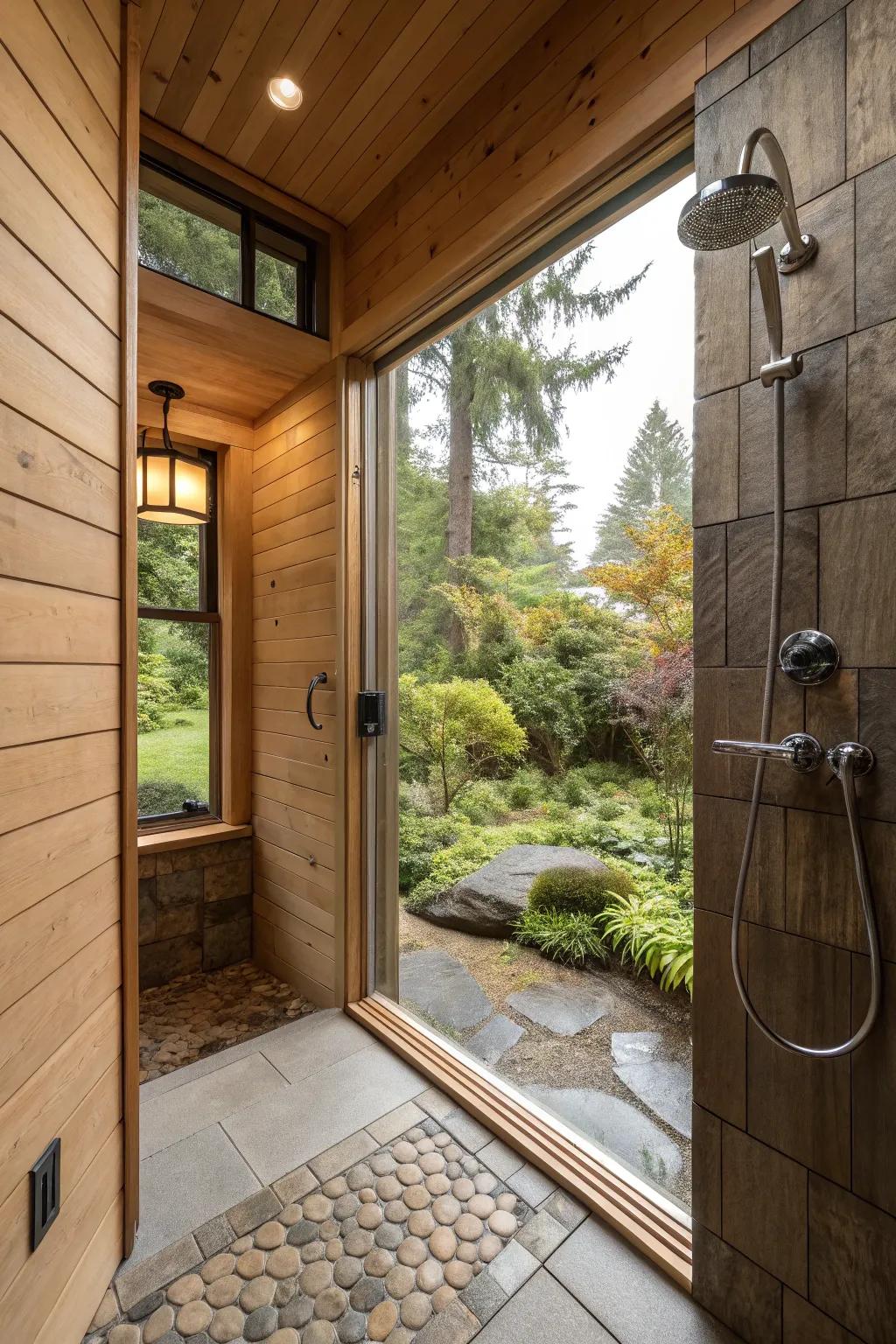 A window garden viewed from a walk-in shower, creating a serene, natural ambiance.