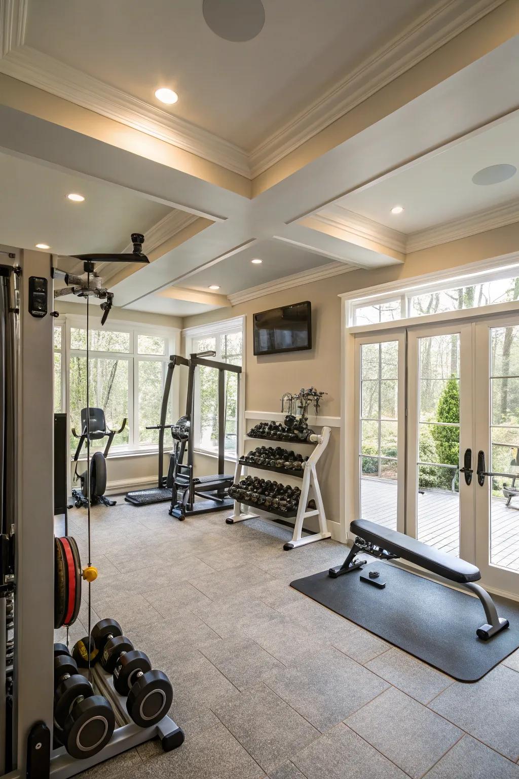 A well-lit home exercise space to energize your workouts.