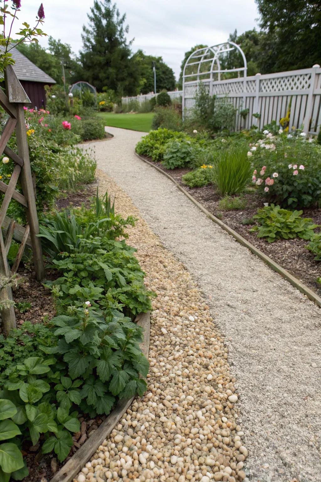 Pea gravel creates a casual and inviting garden path.