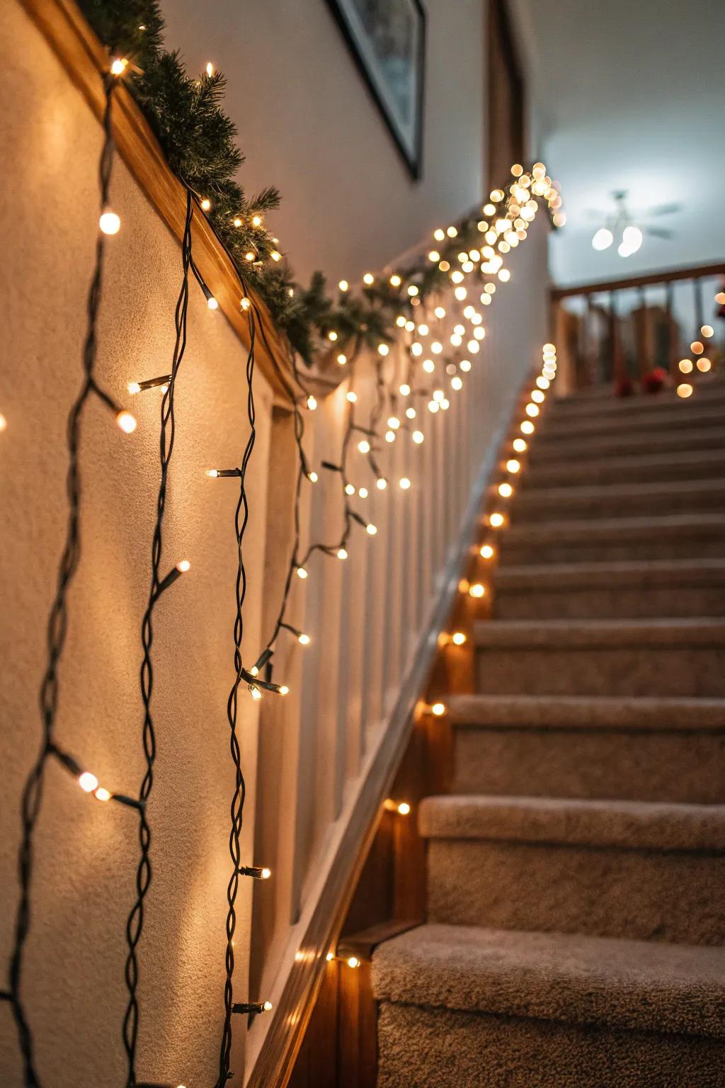 Fairy lights add a hint of magic to your staircase wall.