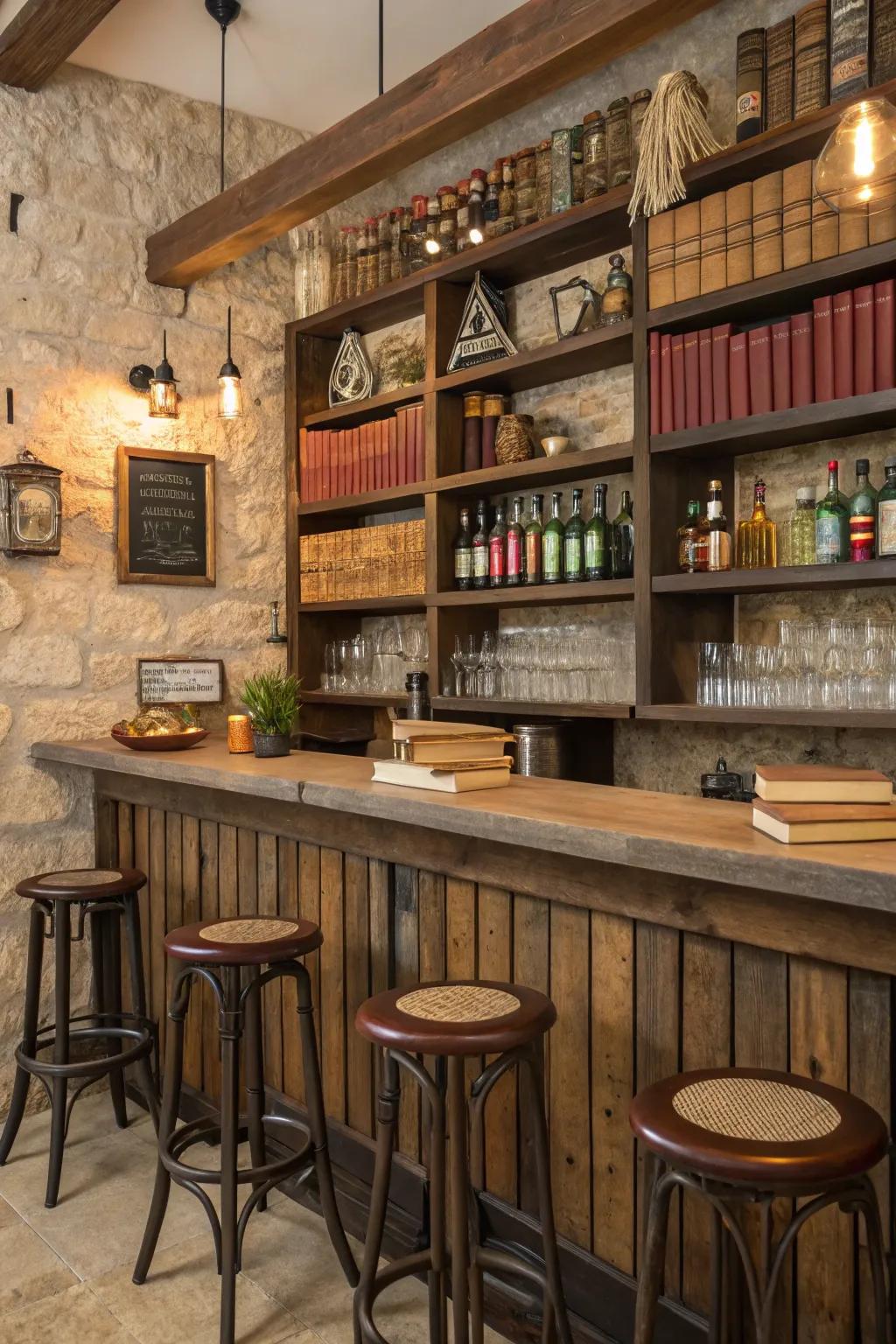 Reclaimed wood brings vintage style and distinctiveness to your wall bar.