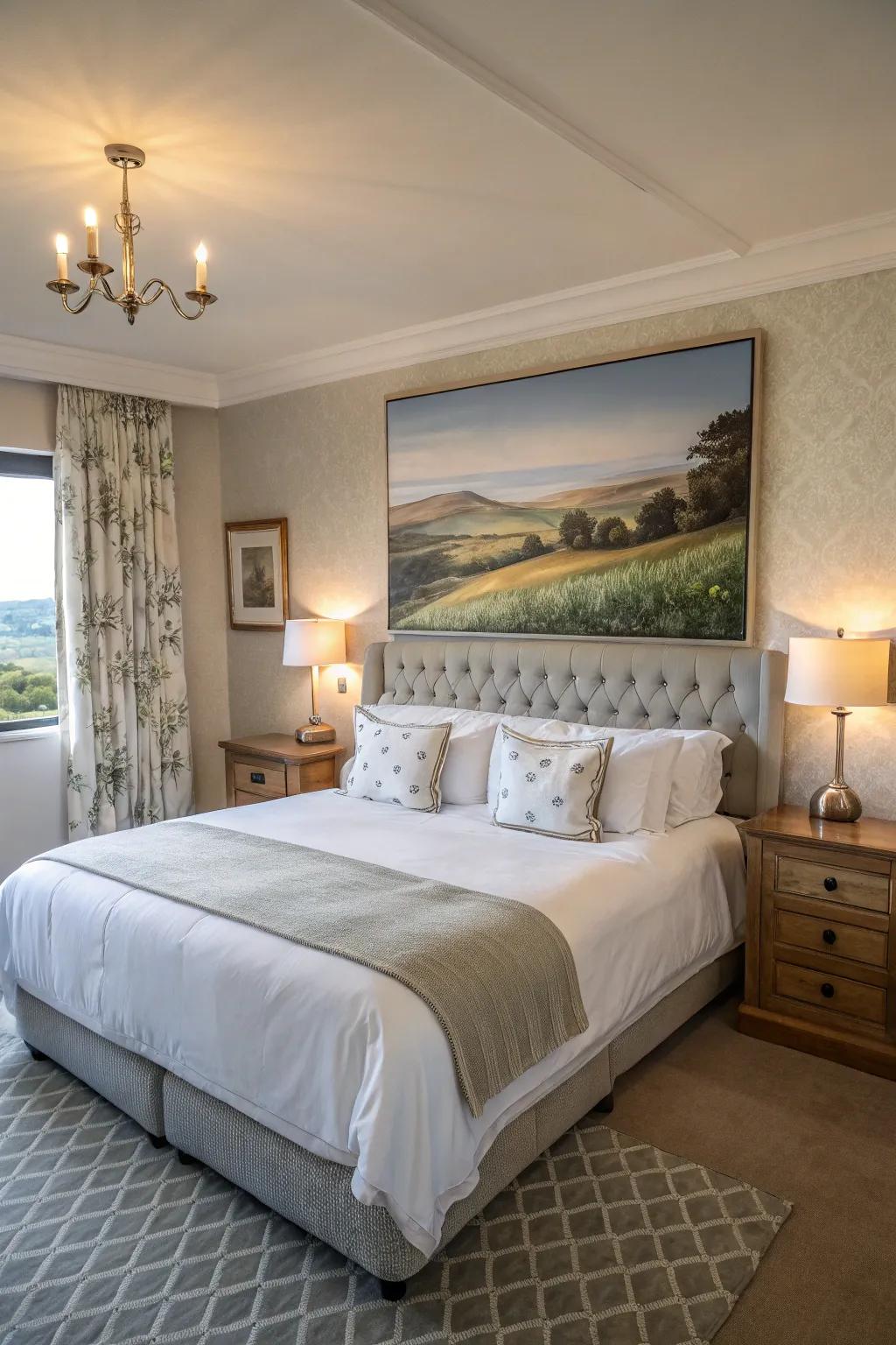 Scenic art introduces tranquility into the bedroom.
