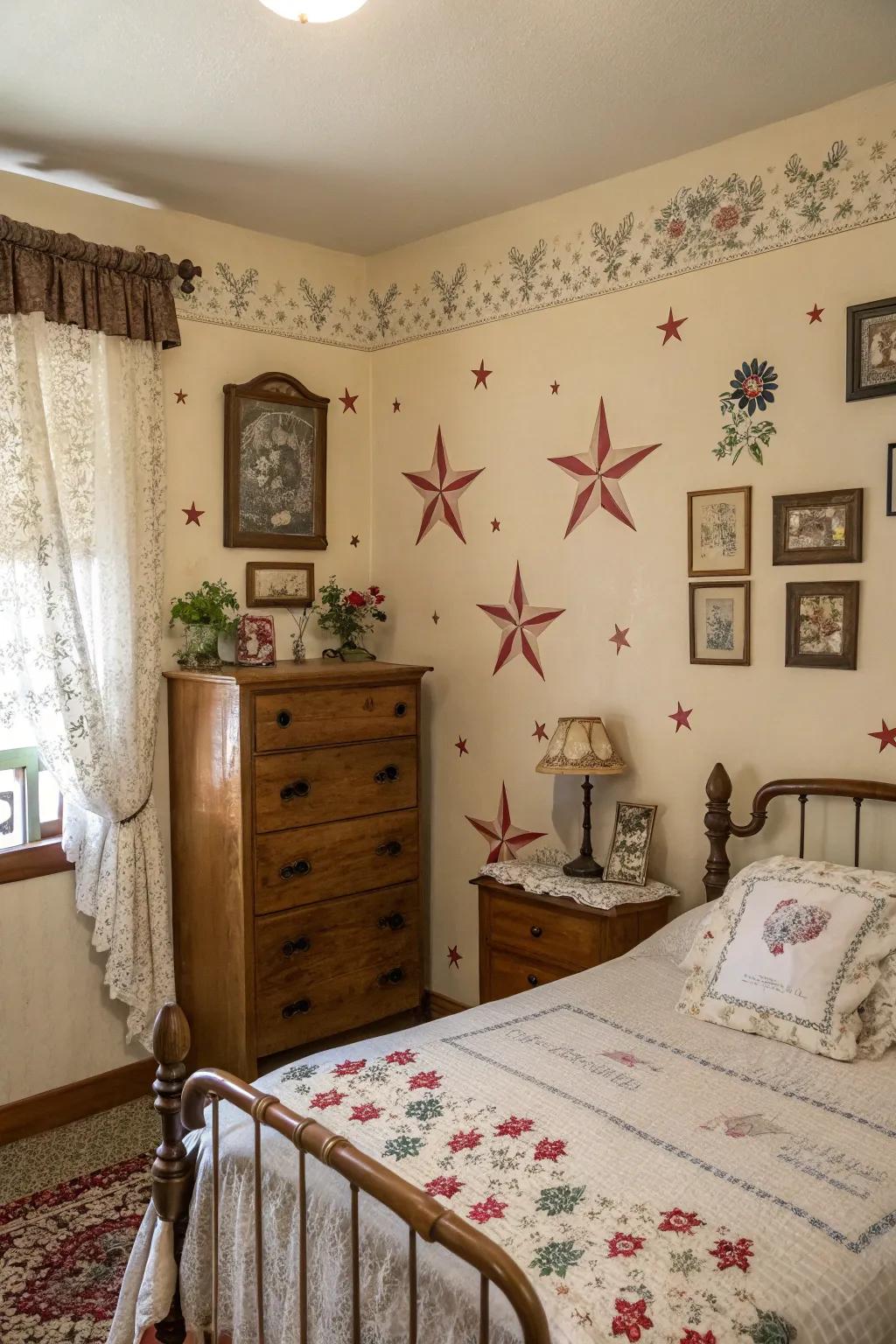 Classic decals add warmth and historical charm to this bedroom.