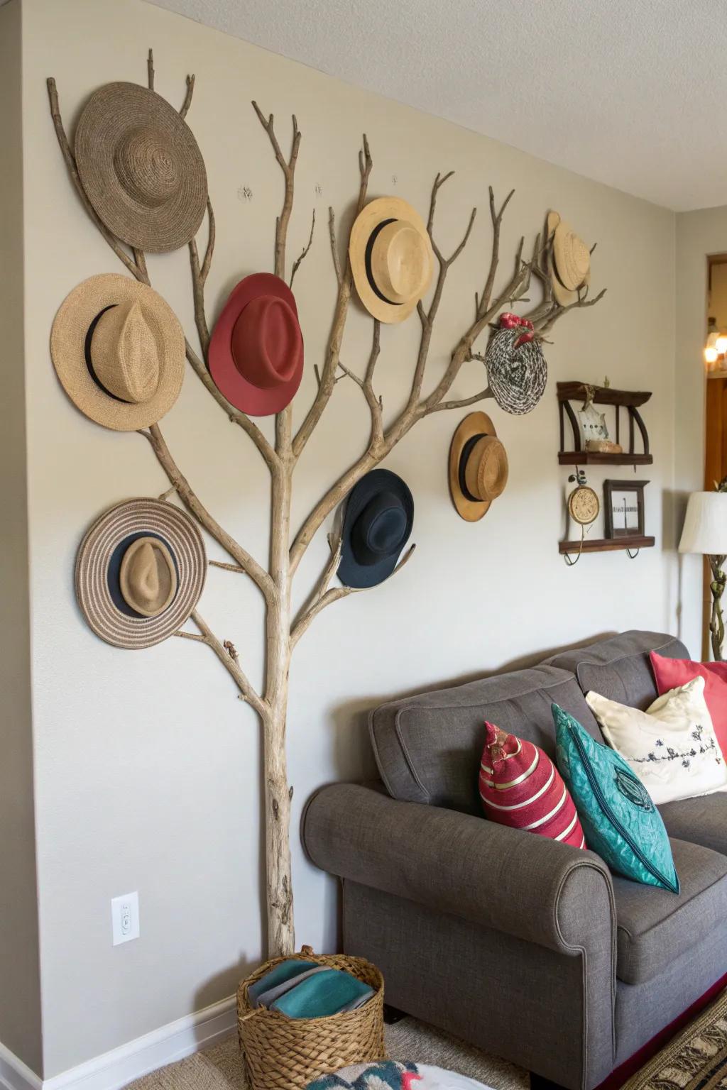 An artistic hat presentation employing a painted branch