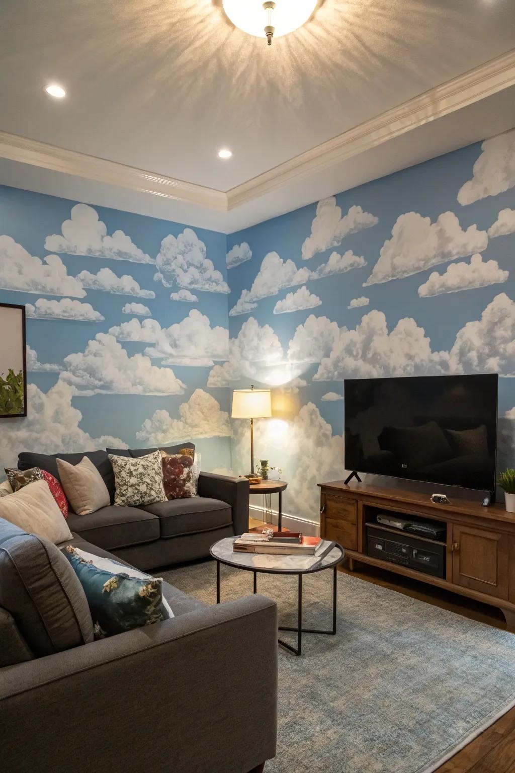 Experience tranquility through a serene cloudscape mural.