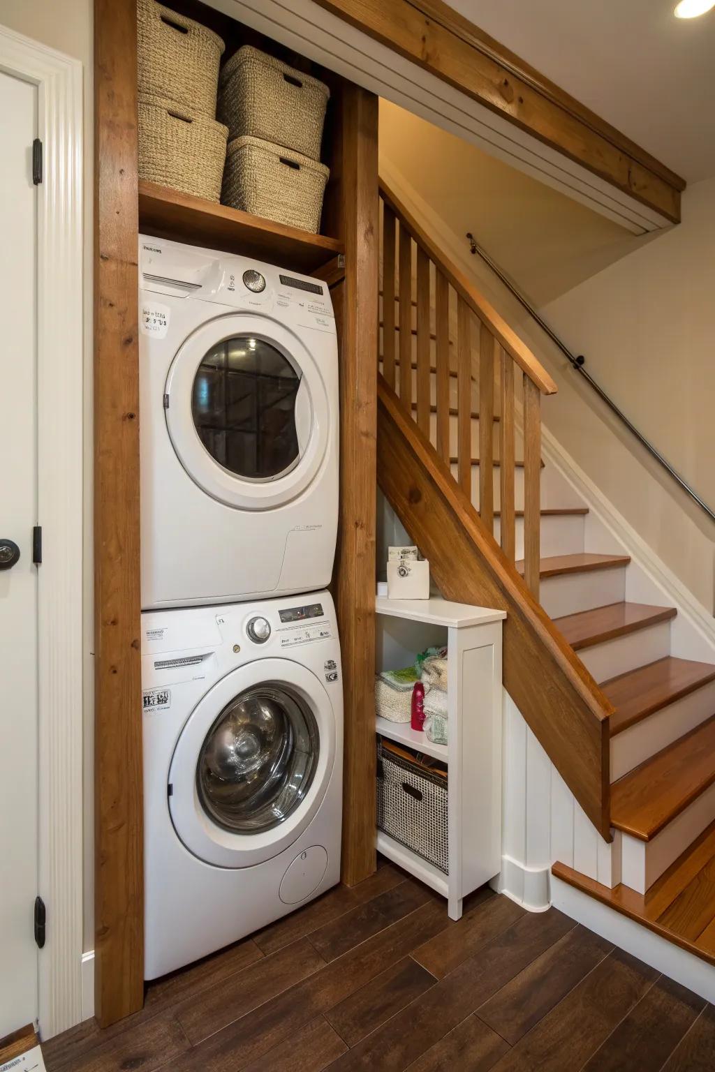A compact laundry zone under the stairs maximizes practicality.