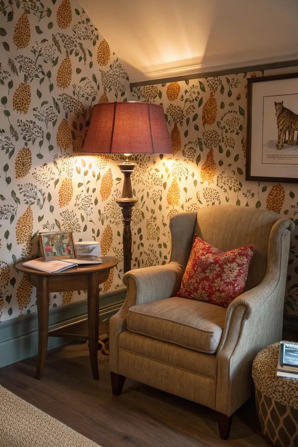 Animal print wallpaper crafting a snug and welcoming reading space.